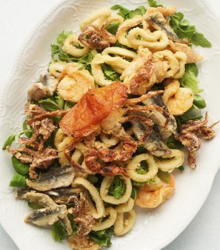 Crispy calamari, pilchards, tiger shrimps and soft shell crab