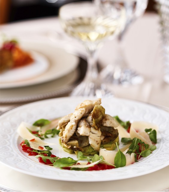 Warm artichoke and sea bass filet salad