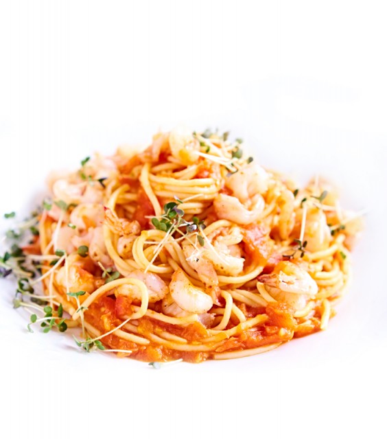 Spaghetti with tiger shrimps and special tomato sauce